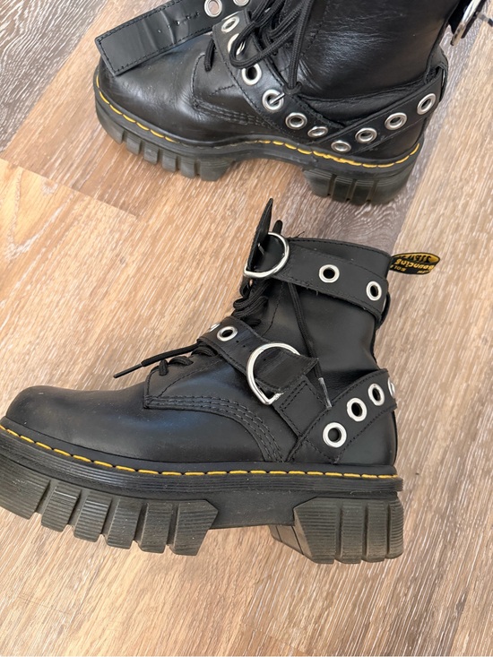 Dr. Martens Shoes - Dr. Martens Black Leather Grommet Strap Lug Boots with Yellow Stitch